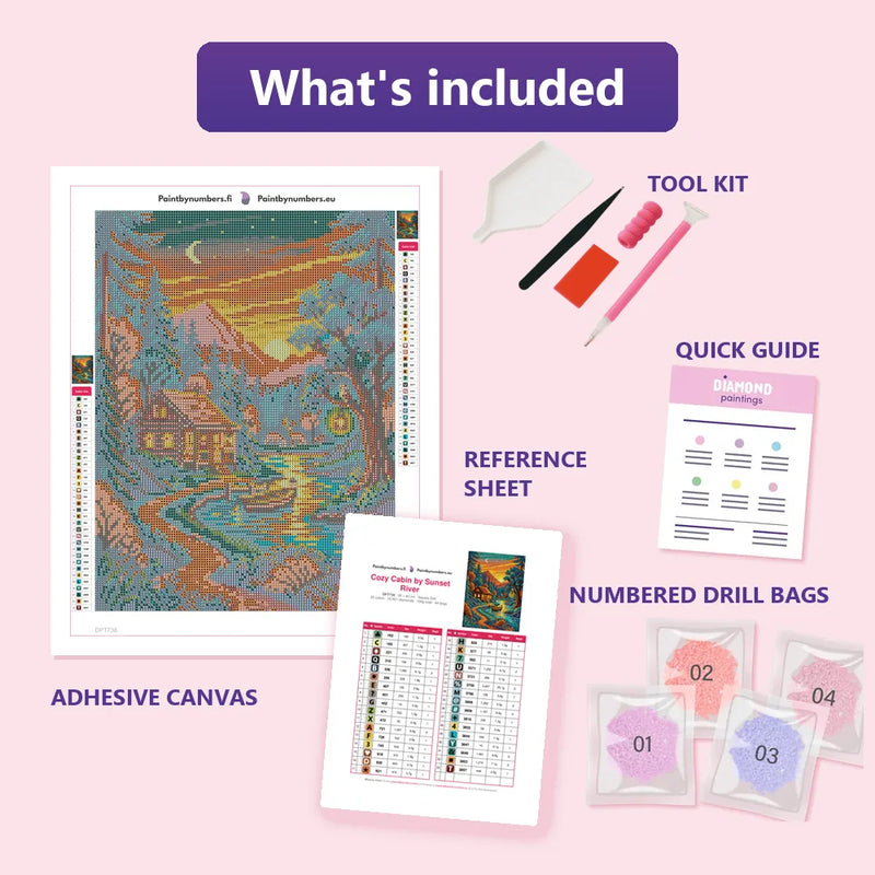 What is included in the Cozy Cabin by Sunset River diamond painting kit - adhesive canvas, reference sheet, tools and numbered drill bags