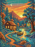 Miniatyrbild: Diamond painting-motiv med en stuga vid vatten med båt, brygga och ett träd med lykta