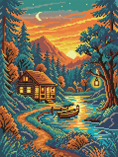 Diamond painting-motiv med en stuga vid vatten med båt, brygga och ett träd med lykta