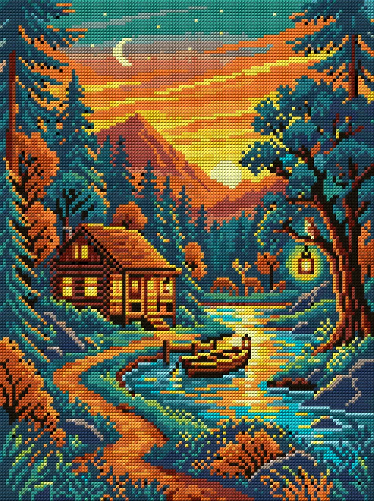 Cozy Cabin by Sunset River, 30x40 cm diamond painting – full design preview without the close-up inset