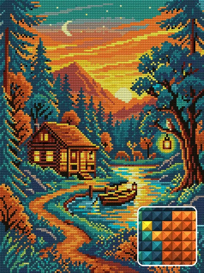 Cozy Cabin by Sunset River, 30x40 cm diamond painting – finished design preview with a close-up of square drills