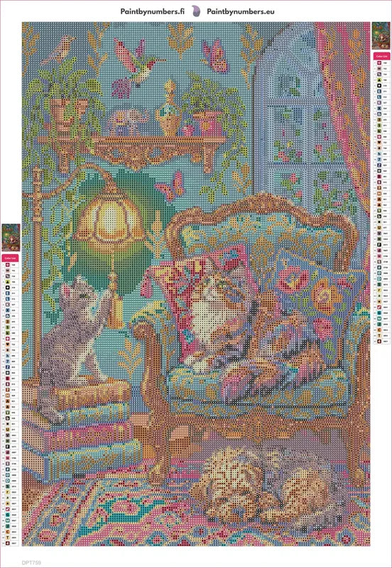 Diamond painting adhesive canvas preview - Cozy Cats and Dog in Vintage Room