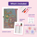 Thumbnail for What is included in the Cozy Cats and Dog in Vintage Room diamond painting kit - adhesive canvas, reference sheet, tools and numbered drill bags