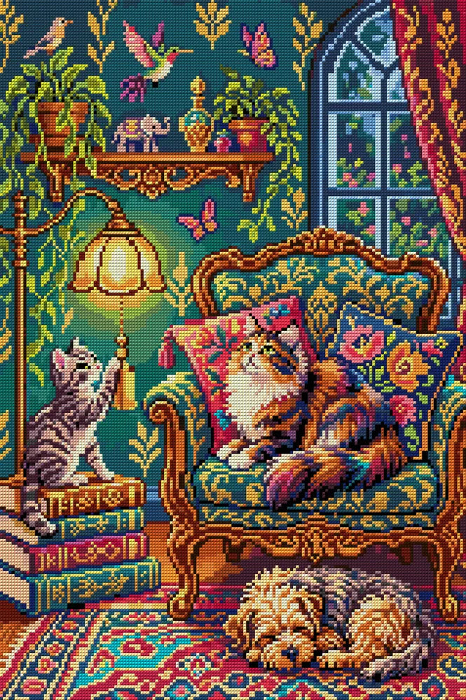 Cozy Cats and Dog in Vintage Room, 40x60 cm diamond painting – full design preview without the close-up inset