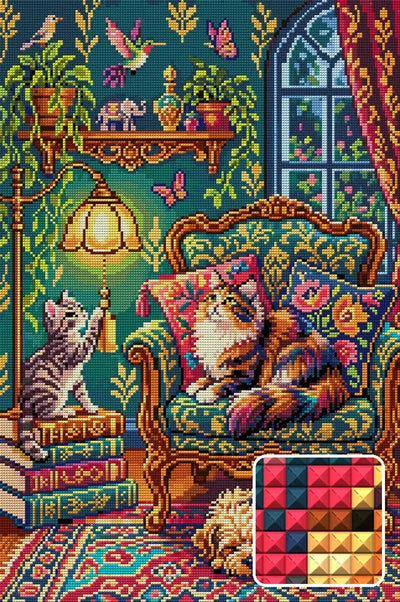 Cozy Cats and Dog in Vintage Room, 40x60 cm diamond painting – finished design preview with a close-up of square drills