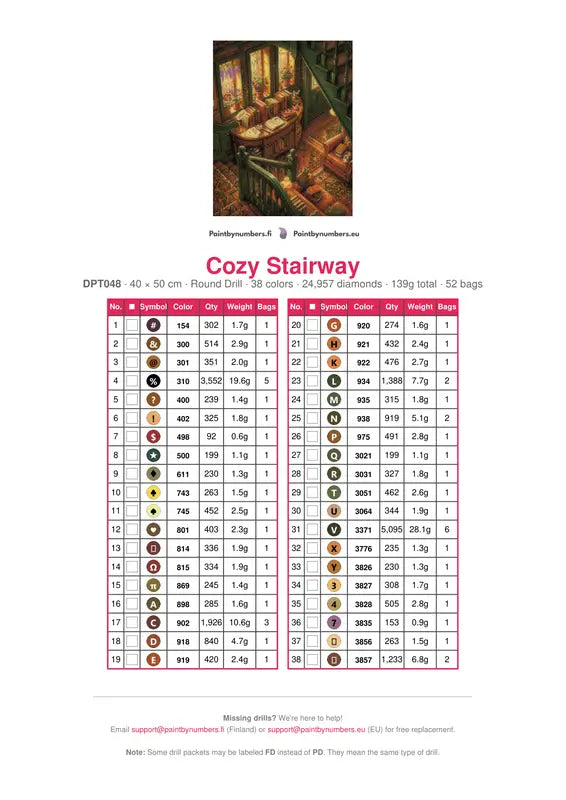 Cozy Stairway diamond painting color chart – 38 DMC colors