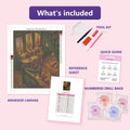 Thumbnail for Cozy Stairway 40x50cm diamond painting kit contents: adhesive canvas, color chart, tools and diamond bags