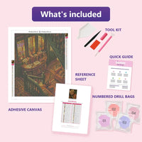 Thumbnail for Cozy Stairway 40x50cm diamond painting kit contents: adhesive canvas, color chart, tools and diamond bags