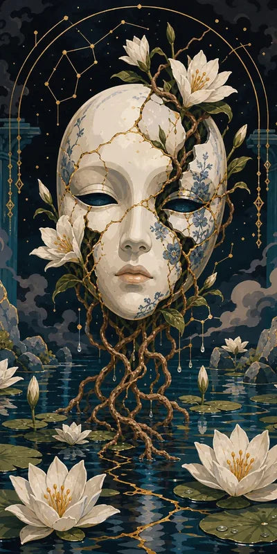 Diamond painting mask, white flowers and water lilies on a dark background.