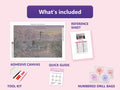 Thumbnail for What is included in the Crane in Water diamond painting kit - adhesive canvas, reference sheet, tools and numbered drill bags