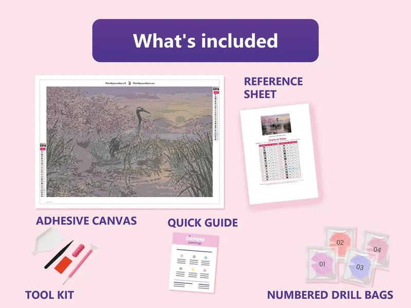 What is included in the Crane in Water diamond painting kit - adhesive canvas, reference sheet, tools and numbered drill bags