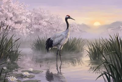 Diamond Painting of a crane by a pond, surrounded by cherry blossoms and morning mist.
