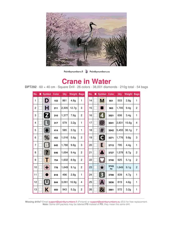 DMC color chart for Crane in Water diamond painting - 26 colors