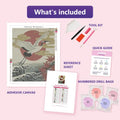 Thumbnail for Cranes and Maple Leaves 40x50cm diamond painting kit contents: adhesive canvas, color chart, tools and diamond bags