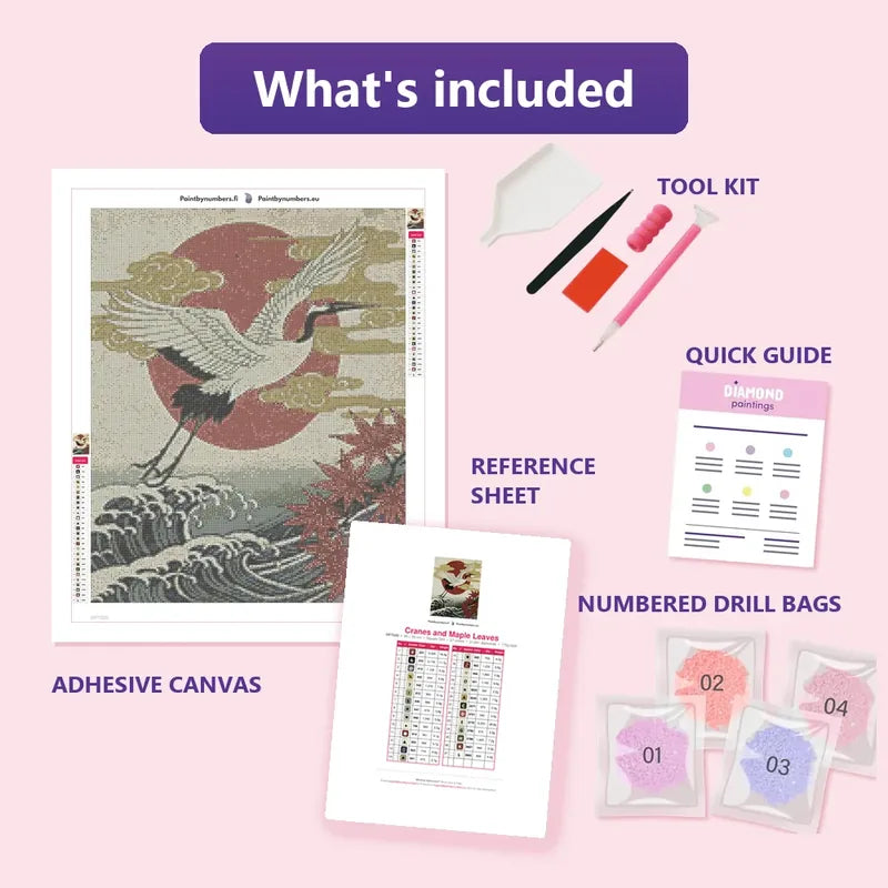 Cranes and Maple Leaves 40x50cm diamond painting kit contents: adhesive canvas, color chart, tools and diamond bags