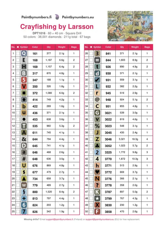 DMC color chart for Crayfishing by Larsson diamond painting - 50 colors