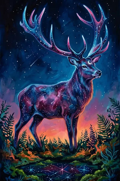 Diamond painting featuring a galaxy-like forest deer standing under a starry sky in a colorful landscape.
