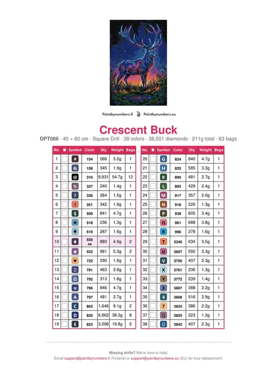 Crescent Buck diamond painting color chart – 38 DMC colors