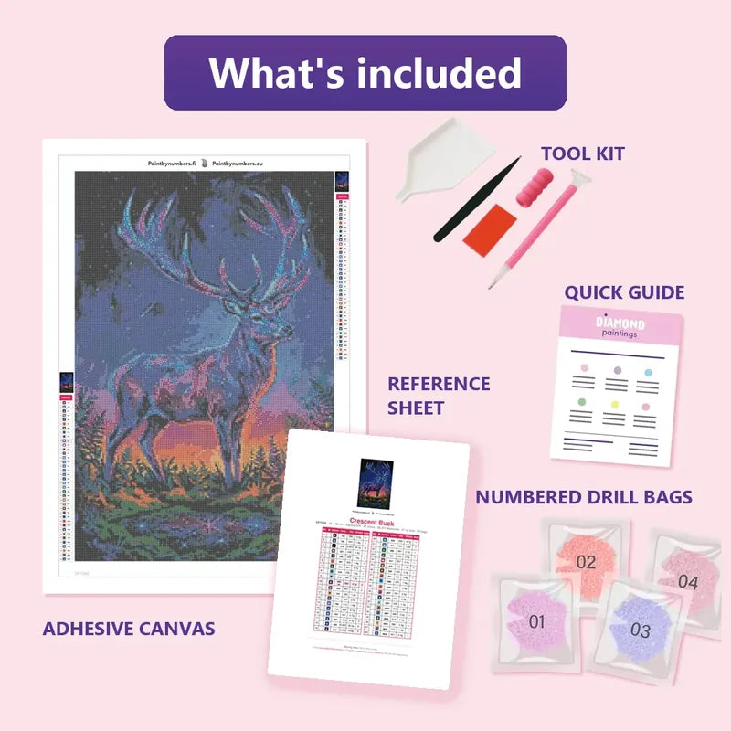 Crescent Buck 40x60cm diamond painting kit contents: adhesive canvas, color chart, tools and diamond bags