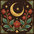 Thumbnail for Diamond Painting with golden crescent moon, stars, and red florals on a decorative dark background.