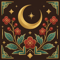 Thumbnail for Diamond Painting with golden crescent moon, stars, and red florals on a decorative dark background.