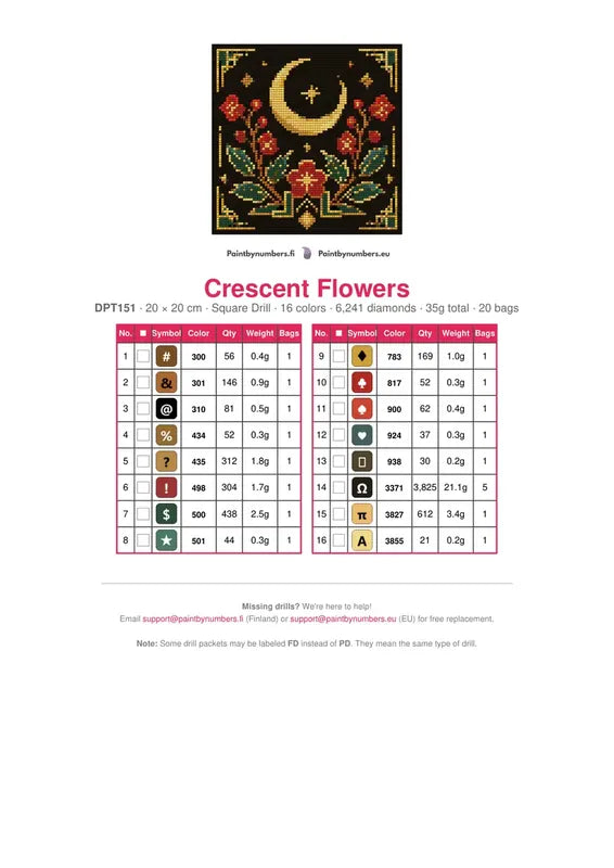 DMC color chart for Crescent Flowers diamond painting - 16 colors