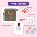 Thumbnail for Crescent Flowers 20x20cm diamond painting kit contents: adhesive canvas, color chart, tools and diamond bags
