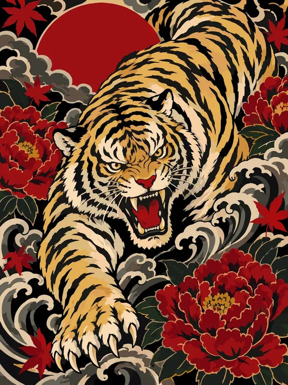 Tiger with red flowers and swirling clouds paint by numbers. Japanese style.
