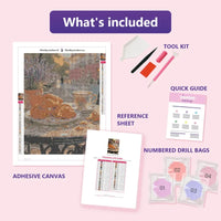 Thumbnail for Croissants and Coffee 30x40cm diamond painting kit contents: adhesive canvas, color chart, tools and diamond bags