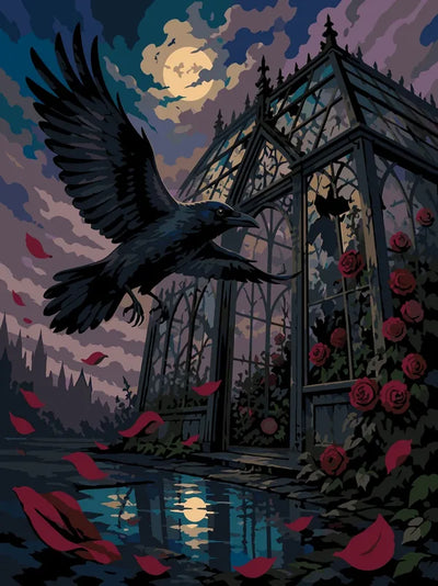 Crow, roses and glasshouse paint by numbers, dark tones, full moon
