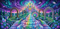 Thumbnail for Diamond painting featuring a fairytale castle, peacocks, crystals, and a colorful garden against a galaxy background.