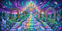 Thumbnail for Diamond Painting with a fantasy castle, peacocks, crystals and a colorful garden under swirling galaxies.