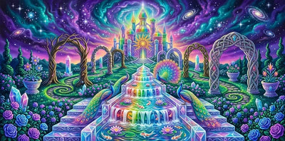 Diamond Painting with a fantasy castle, peacocks, crystals and a colorful garden under swirling galaxies.