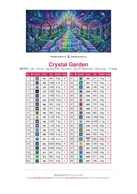 DMC color chart for Crystal Garden diamond painting - 40 colors
