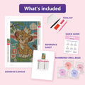 Thumbnail for What is included in the Cub with the Crooked Crown diamond painting kit - adhesive canvas, reference sheet, tools and numbered drill bags