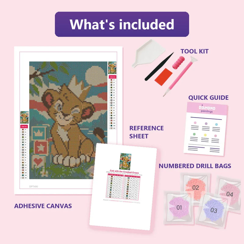 What is included in the Cub with the Crooked Crown diamond painting kit - adhesive canvas, reference sheet, tools and numbered drill bags