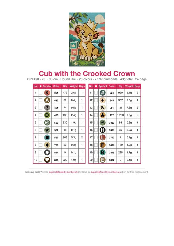 DMC color chart for Cub with the Crooked Crown diamond painting - 20 colors