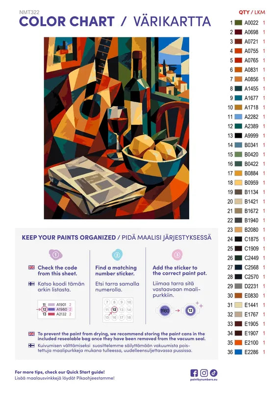 Paint color chart and instructions - Cubist Guitar 40x50cm