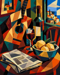 Thumbnail for Guitar, wine bottle, lemons and village view paint by numbers
