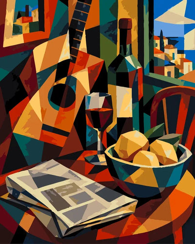 Guitar, wine bottle, lemons and village view paint by numbers