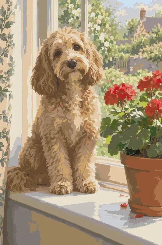 En ljusbrun hund på en fönsterbräda bredvid röda pelargoner