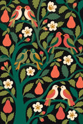 Thumbnail for Paint by numbers of bird pairs perched in a pear tree with coral pears and white blossoms on a black background.
