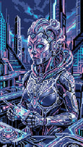 Miniatyrbild: Förhandsbild: kvinnlig android i en futuristisk stad med blått, violett och rosa neonljus