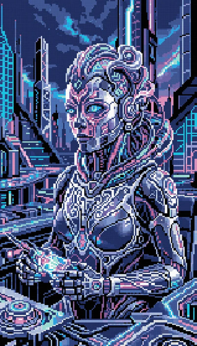 Förhandsbild: kvinnlig android i en futuristisk stad med blått, violett och rosa neonljus
