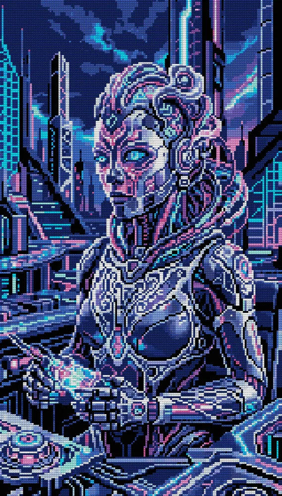Cyberpunk Female Android Operator, 40x70 cm diamond painting – full design preview without the close-up inset
