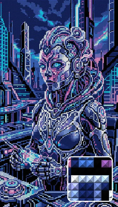 Cyberpunk Female Android Operator, 40x70 cm diamond painting – finished design preview with a close-up of square drills