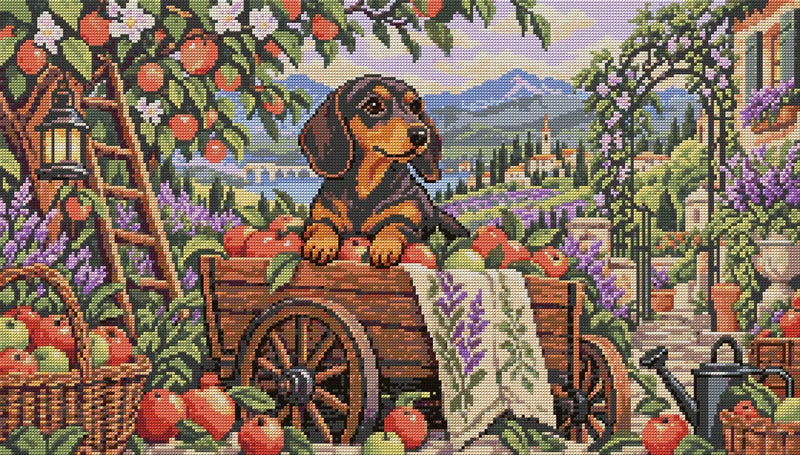 Dachshund in the Apple Cart, 70x40 cm diamond painting – full design preview without the close-up inset