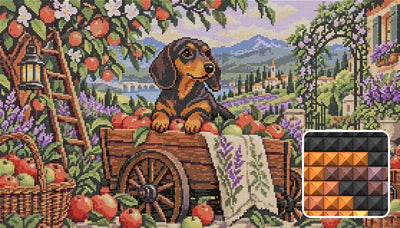 Dachshund in the Apple Cart, 70x40 cm diamond painting – finished design preview with a close-up of square drills