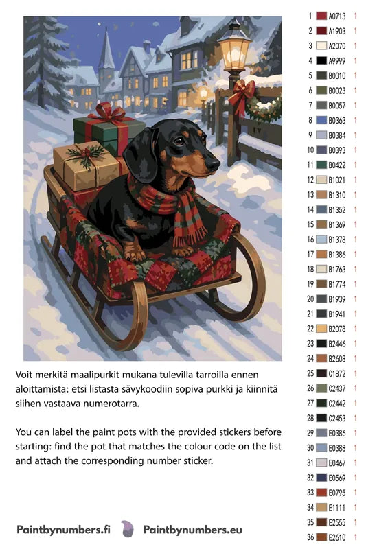 Paint color chart and instructions - Dachshund on Sled 30x40cm