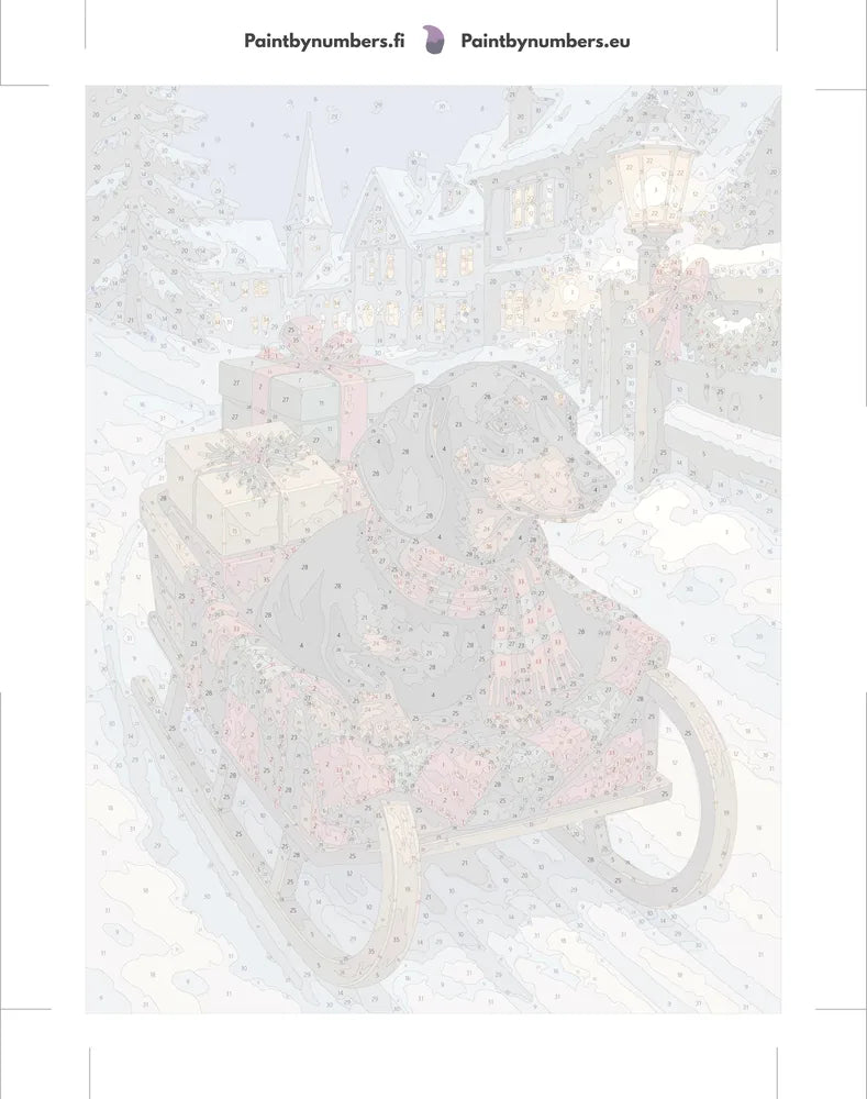 Paint by numbers numbered canvas - Dachshund on Sled 30x40cm